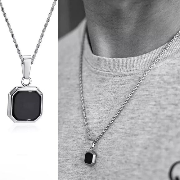 Men’s Stainless Steel Rope Chain Necklace Black Square Pendant 22” - Picture 2 of 2